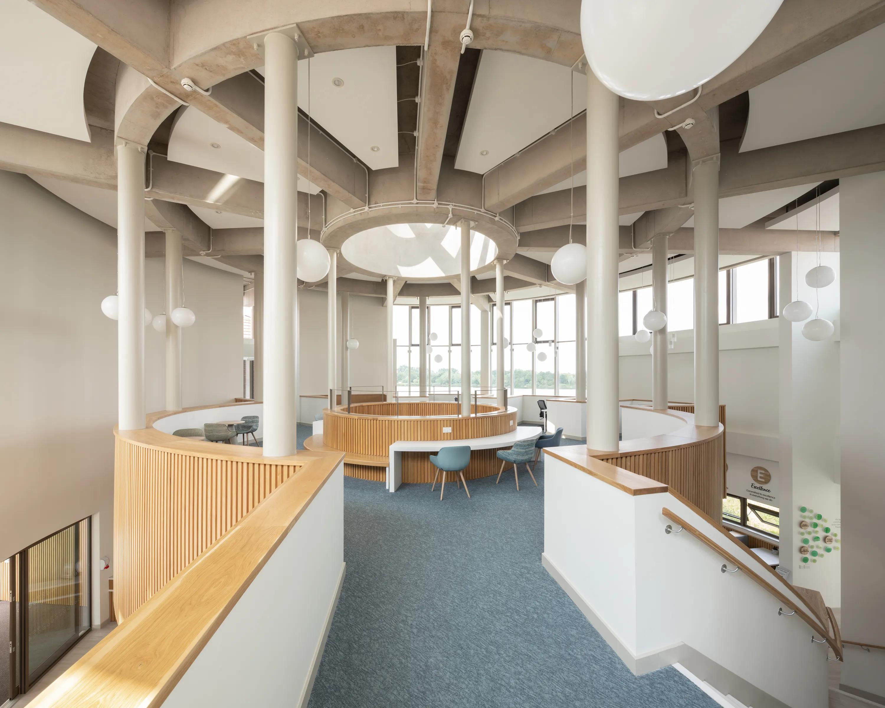 An upper-level seating area with exposed concrete beams, timber detailing and custom-shaped white acoustic panels fitted between radial structural elements.