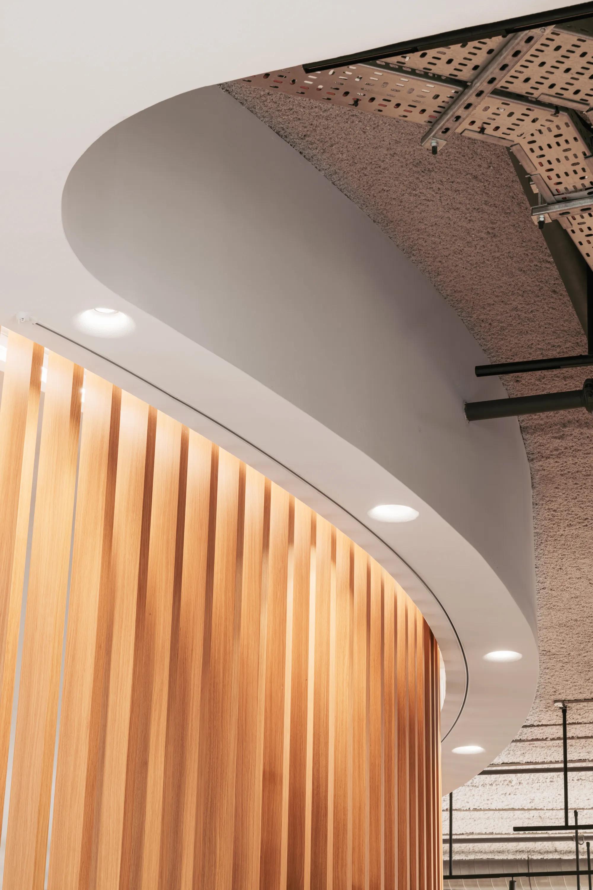 Curved monolithic acoustic ceiling detail with recessed lighting and exposed mechanical services above timber slat walling