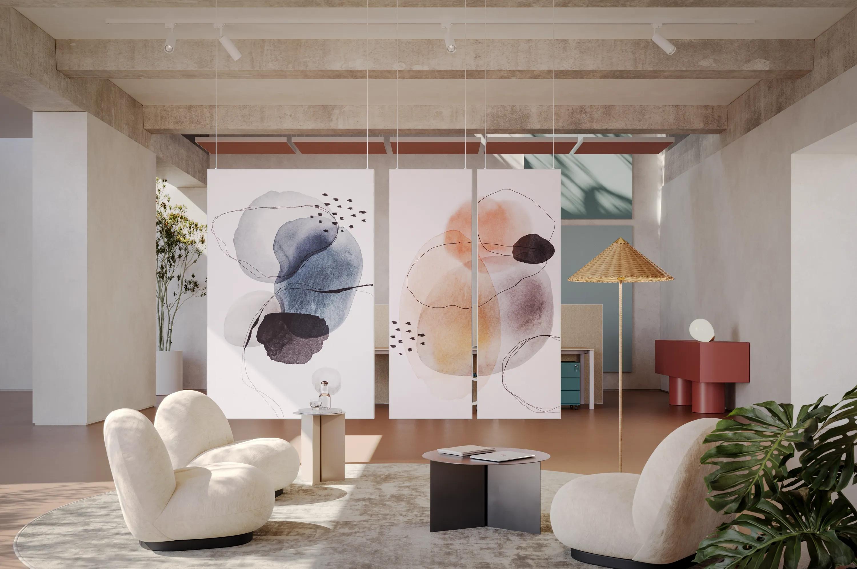 Detail view of Rockfon acoustic wall panels, floor screens, and hanging divider