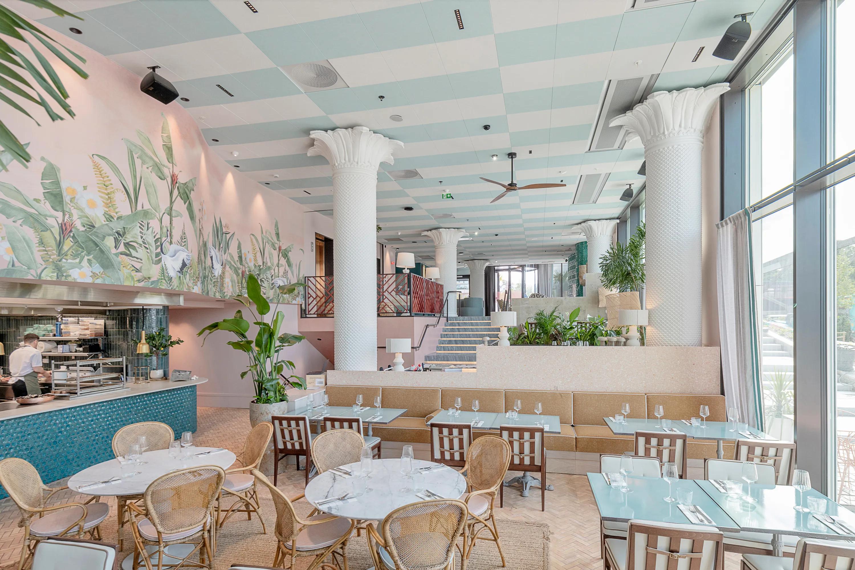 Restaurant in Hotel Riviera in Moss Norway with Rockfon Color-all special X-Edge for a checkered ceiling design