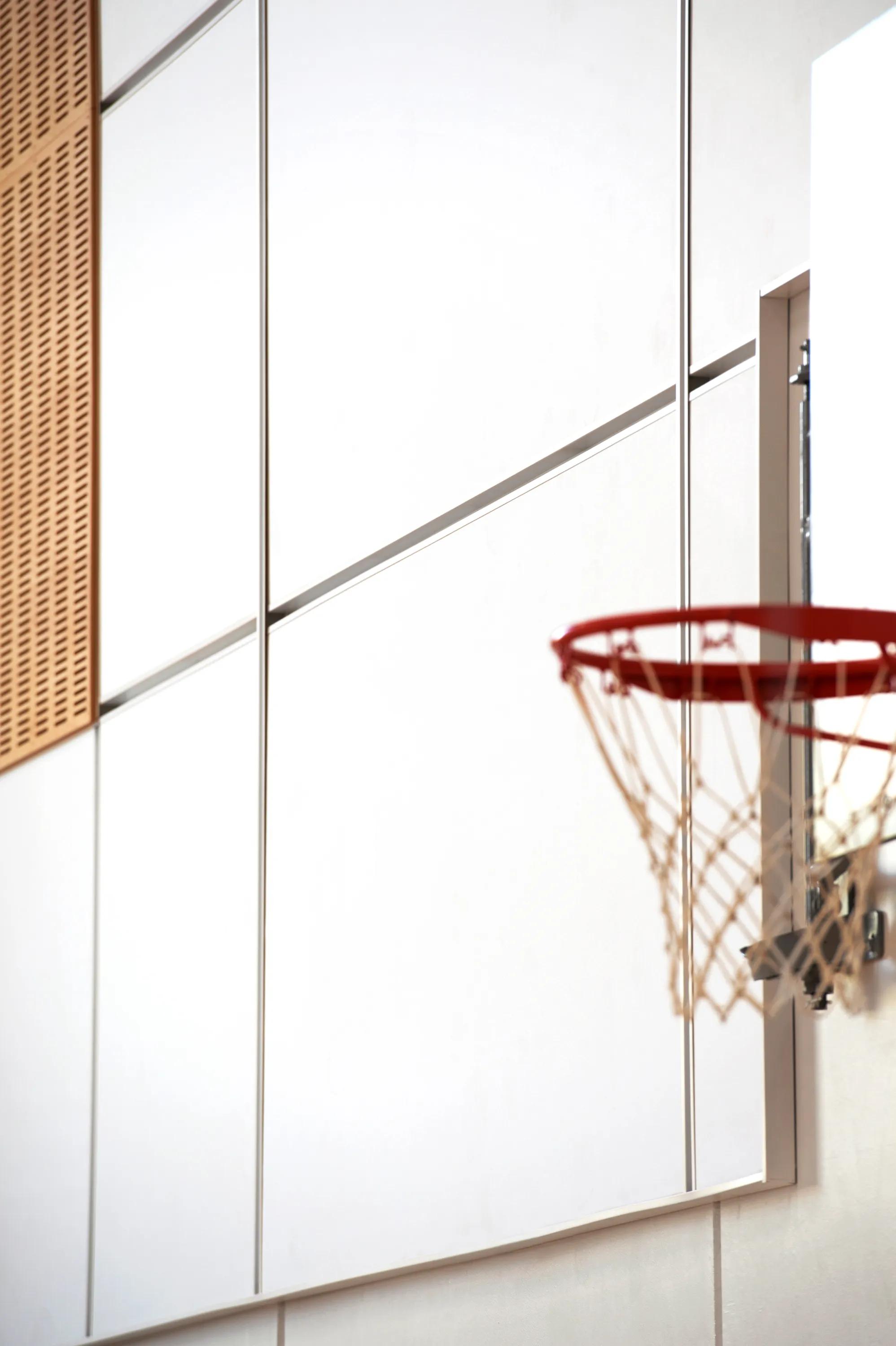 Detail view of Rockfon acoustic wall panels, floor screens, and hanging divider