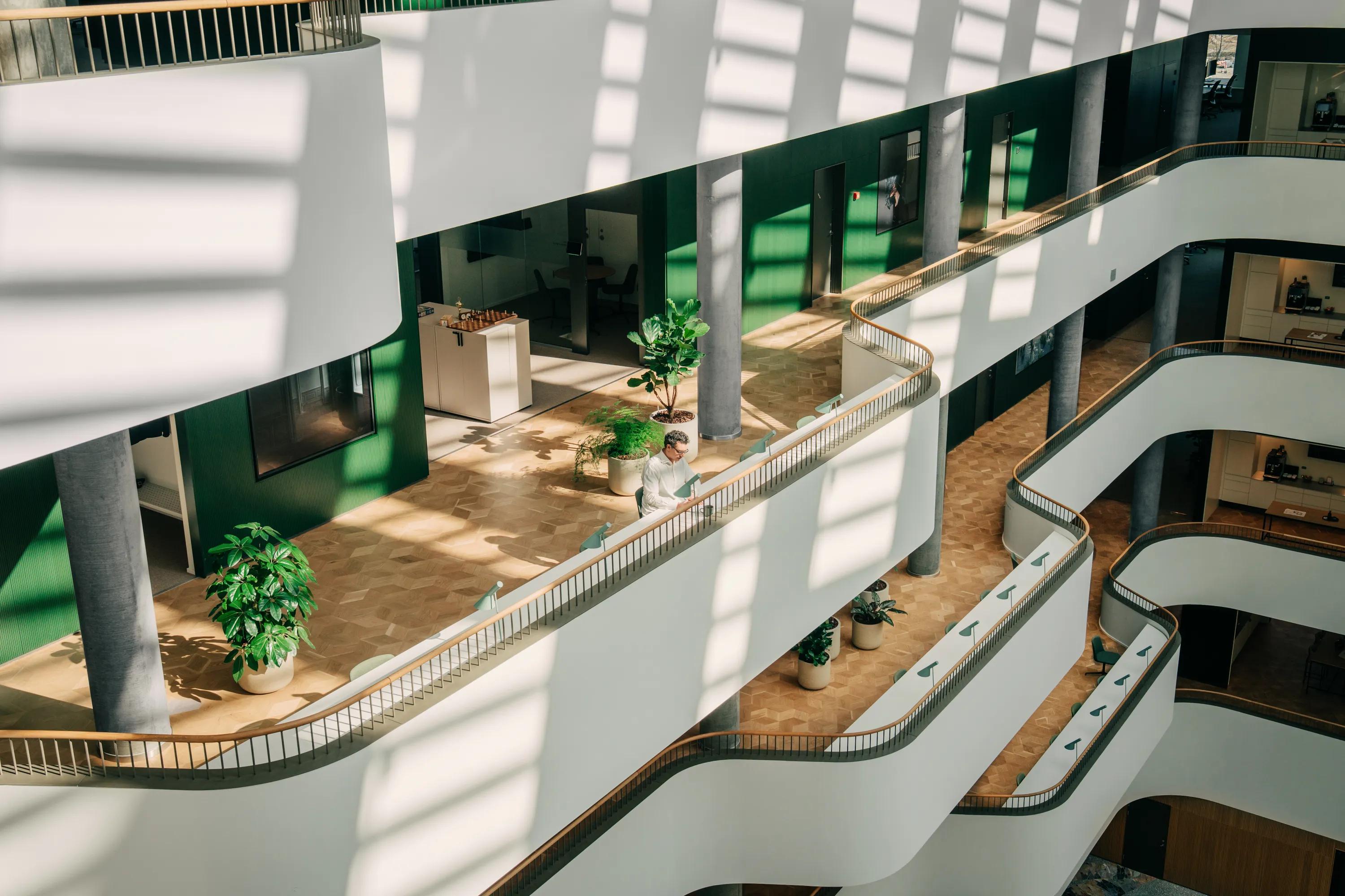 Sunlit office atrium with smooth monolithic acoustic ceiling and wall elements, curved multi-level walkways, warm parquet flooring, and potted plants