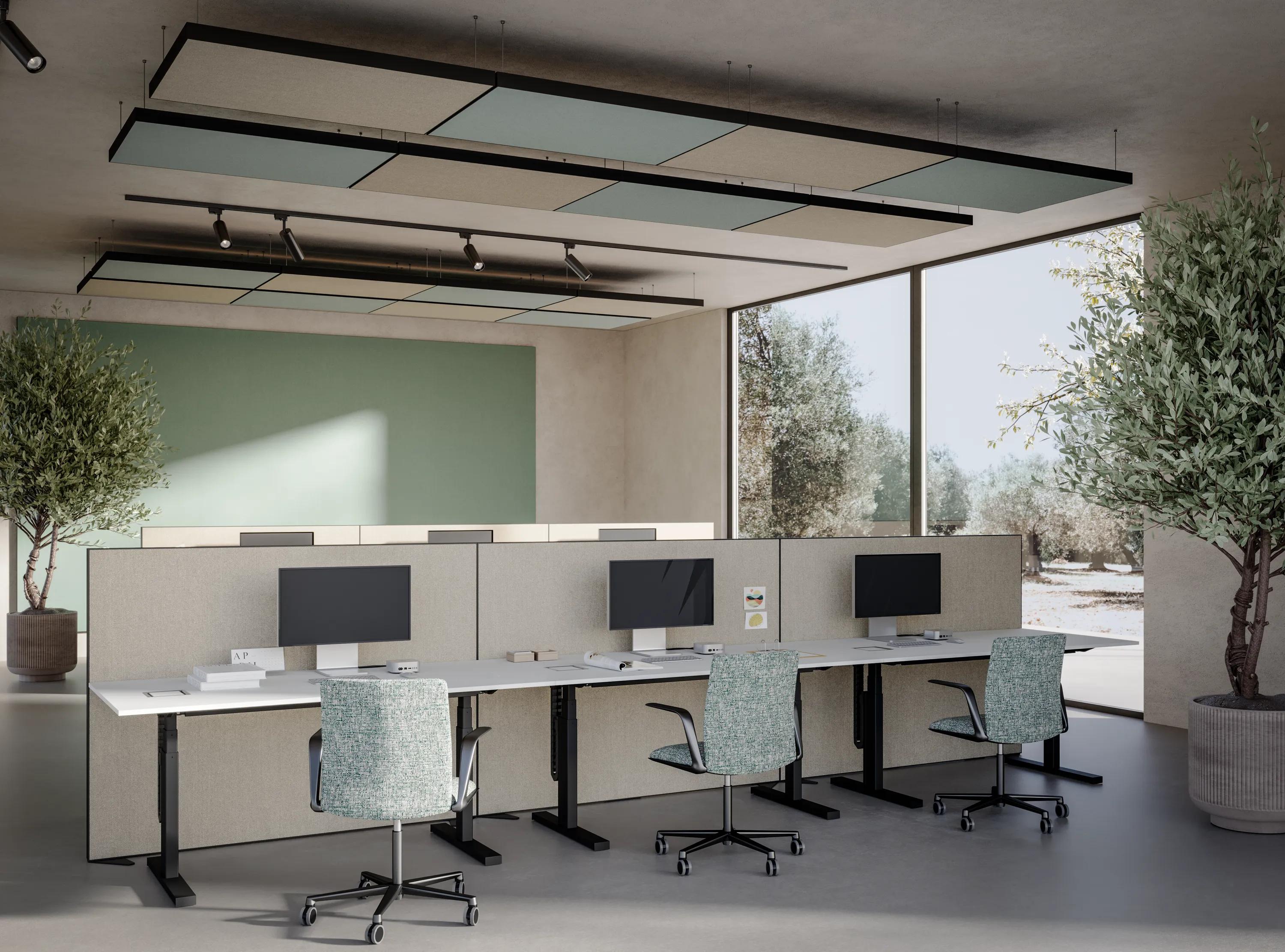 Detail view of Rockfon acoustic floating ceiling panels and suspending ceiling clouds or islands.