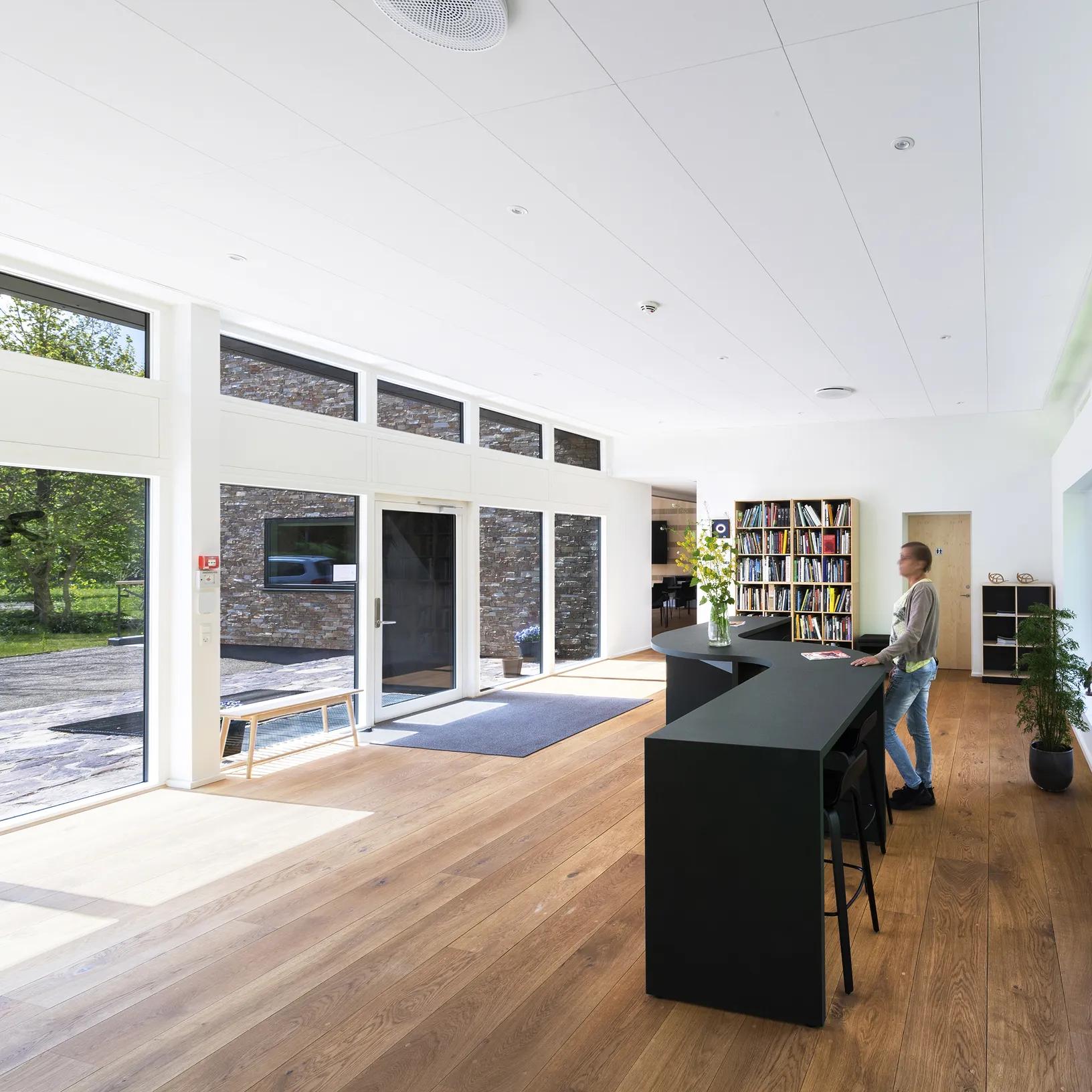 Rockfon white ceiling reflecting daylight to enhance natural lighting.
