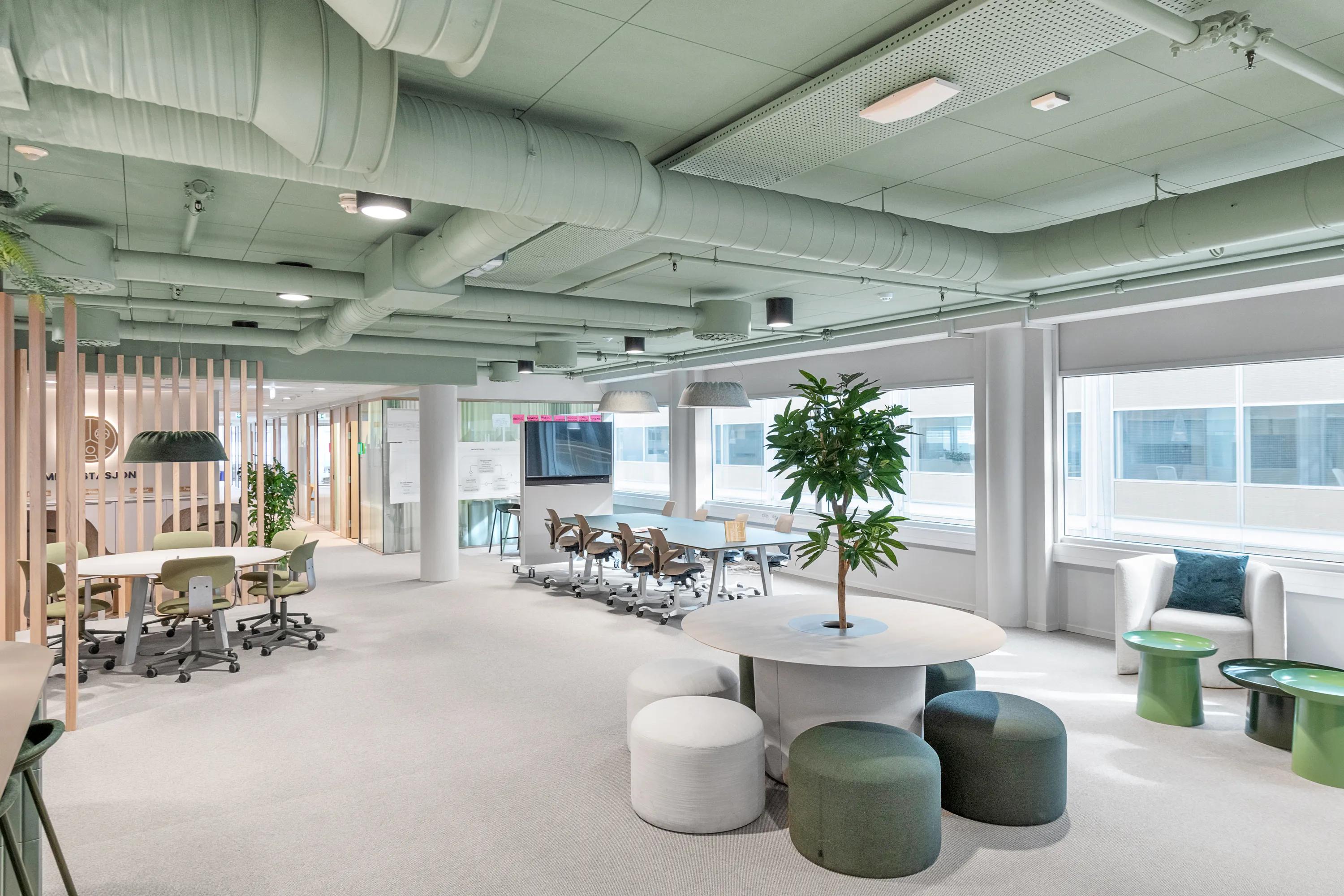 Open office space with green coloured acoustic ceiling panels, exposed ductwork, flexible workstations, and soft seating areas