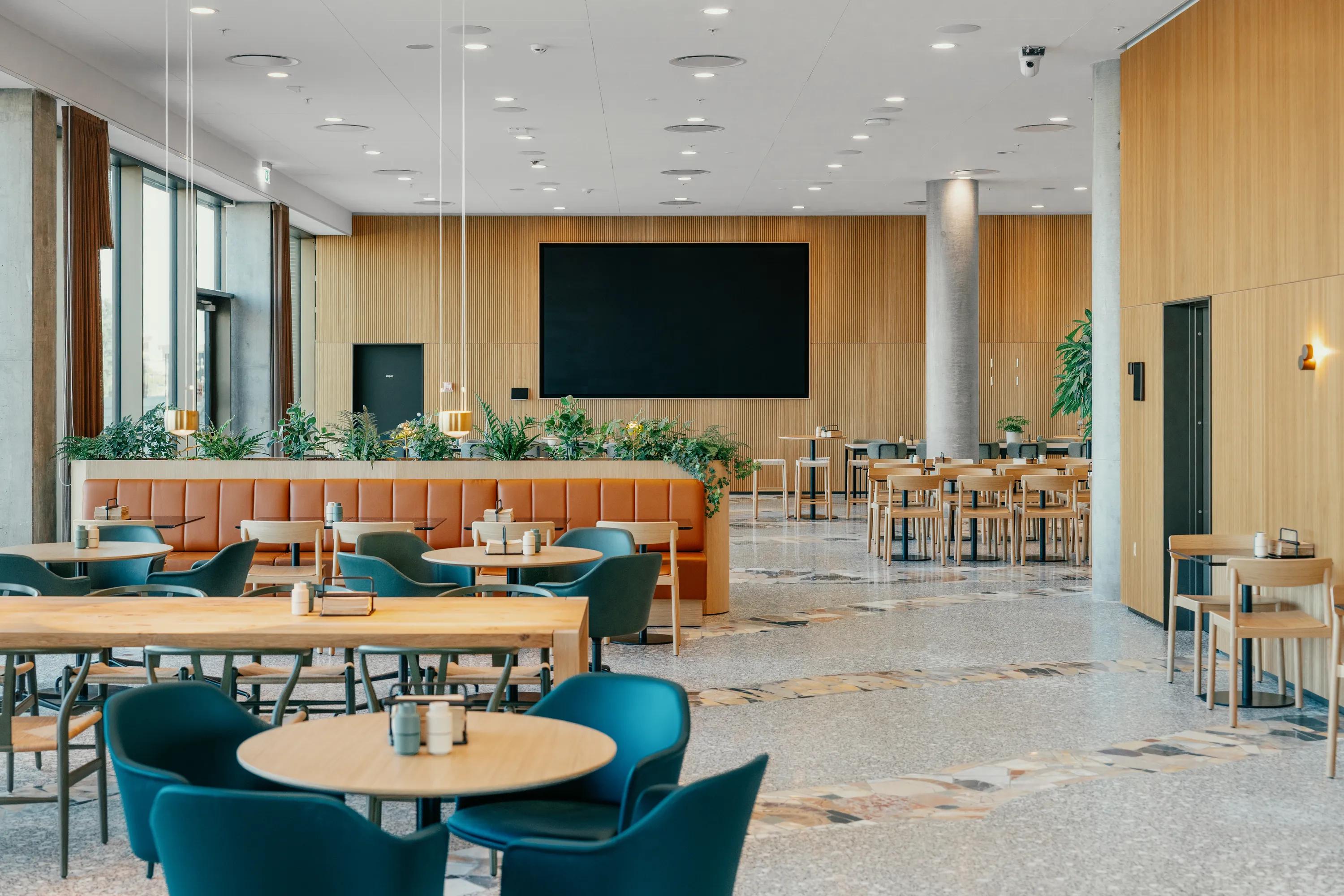 Open Plan Office at AP Pension Office in Copenhagen, Denmark with fire-rating ceiling tiles Rockfon Sonar X-Edge.