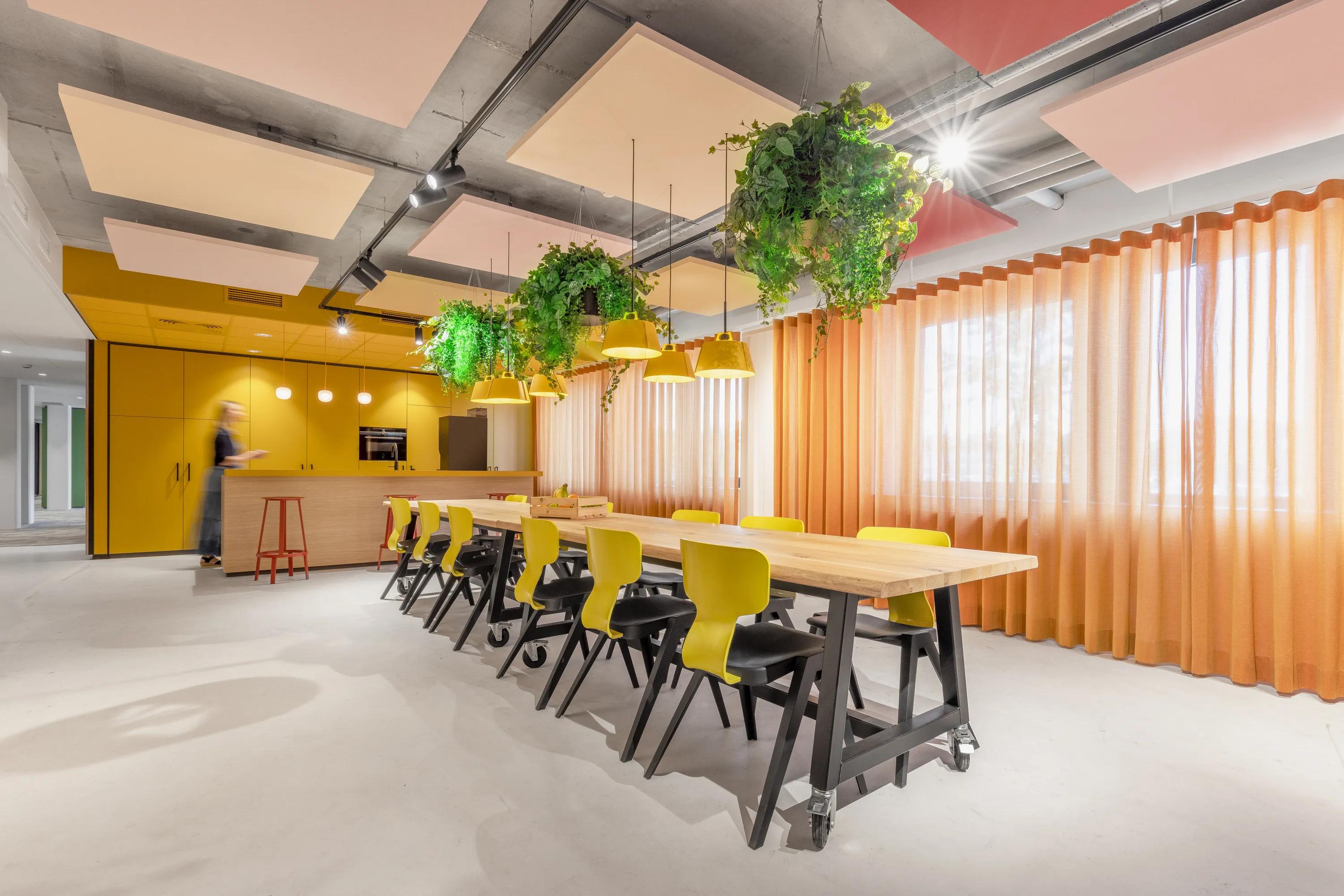 Modern office kitchen with a long wooden table, pink floating ceiling panels, yellow chairs, overhead plants, yellow cabinets, and large windows with sheer curtains.