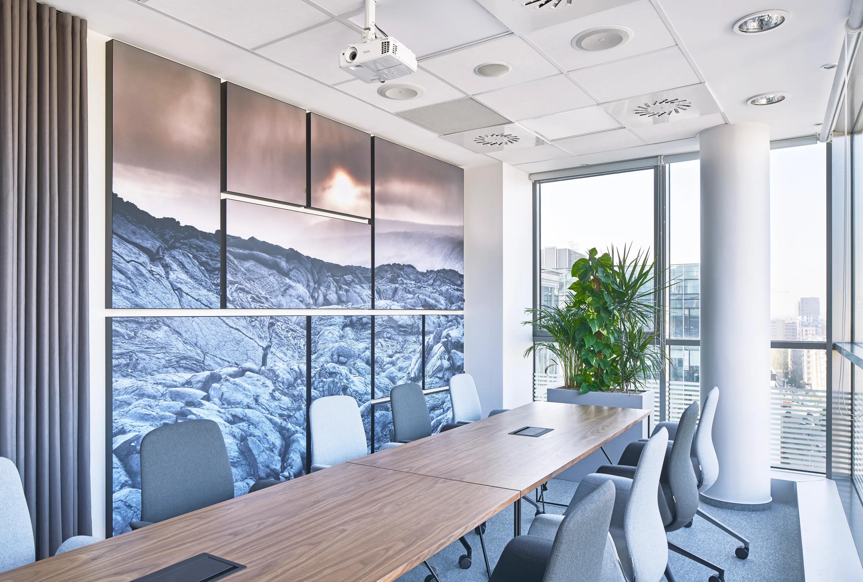 Detail view of Rockfon acoustic wall panels, floor screens, and hanging divider