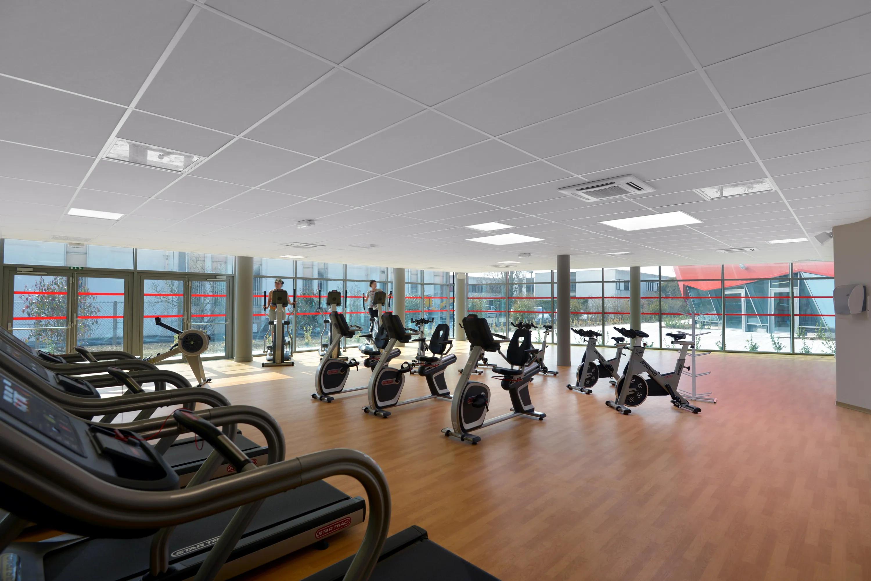 Fitness studio with treadmills and stationary bikes arranged on a wooden floor beneath a white acoustic tile ceiling and large glazed façade overlooking the outdoors.