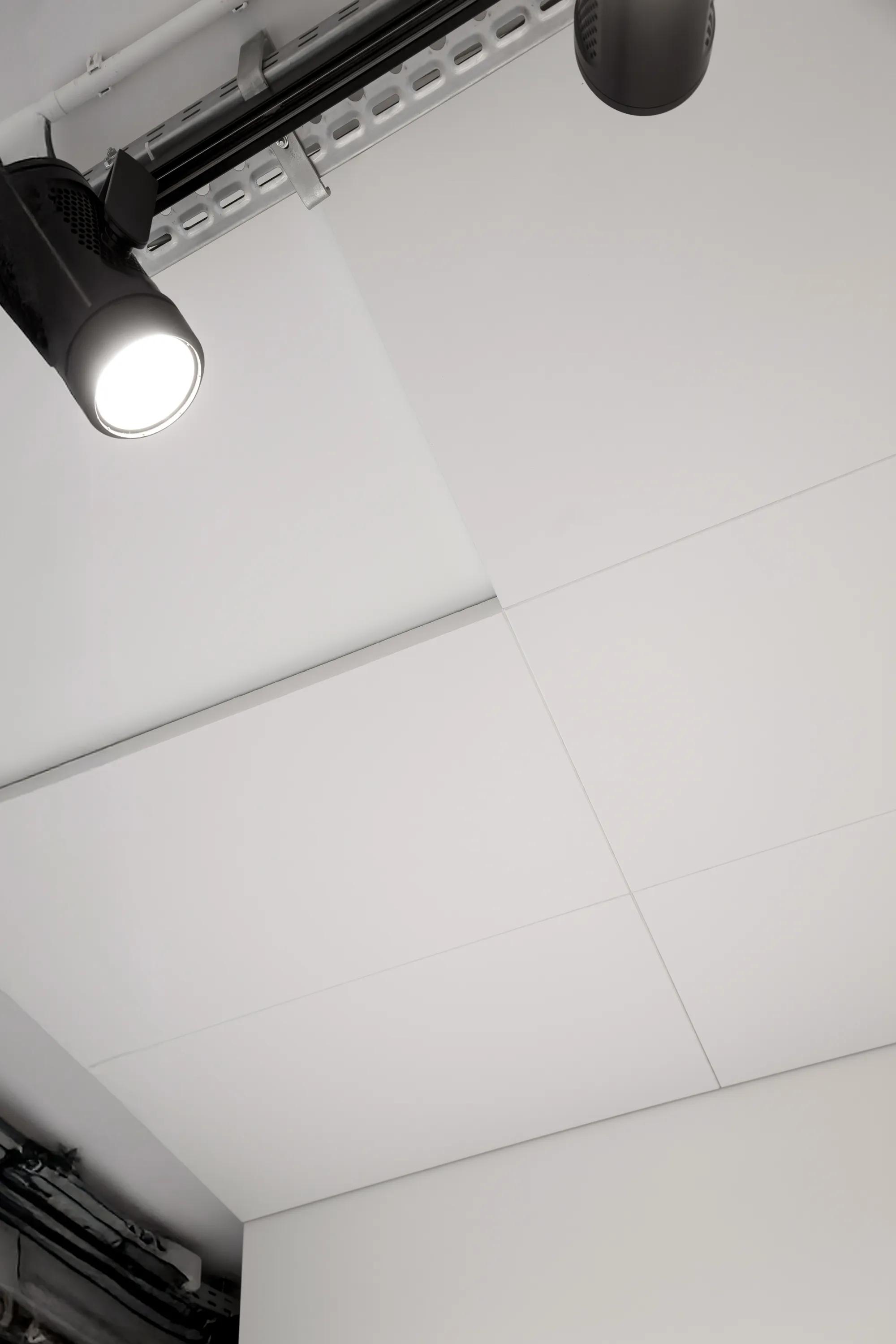 Art gallery interior with a high pitched roof, timber beams, large skylights, suspended lighting tracks, and artworks displayed along white walls around a central exhibition space.