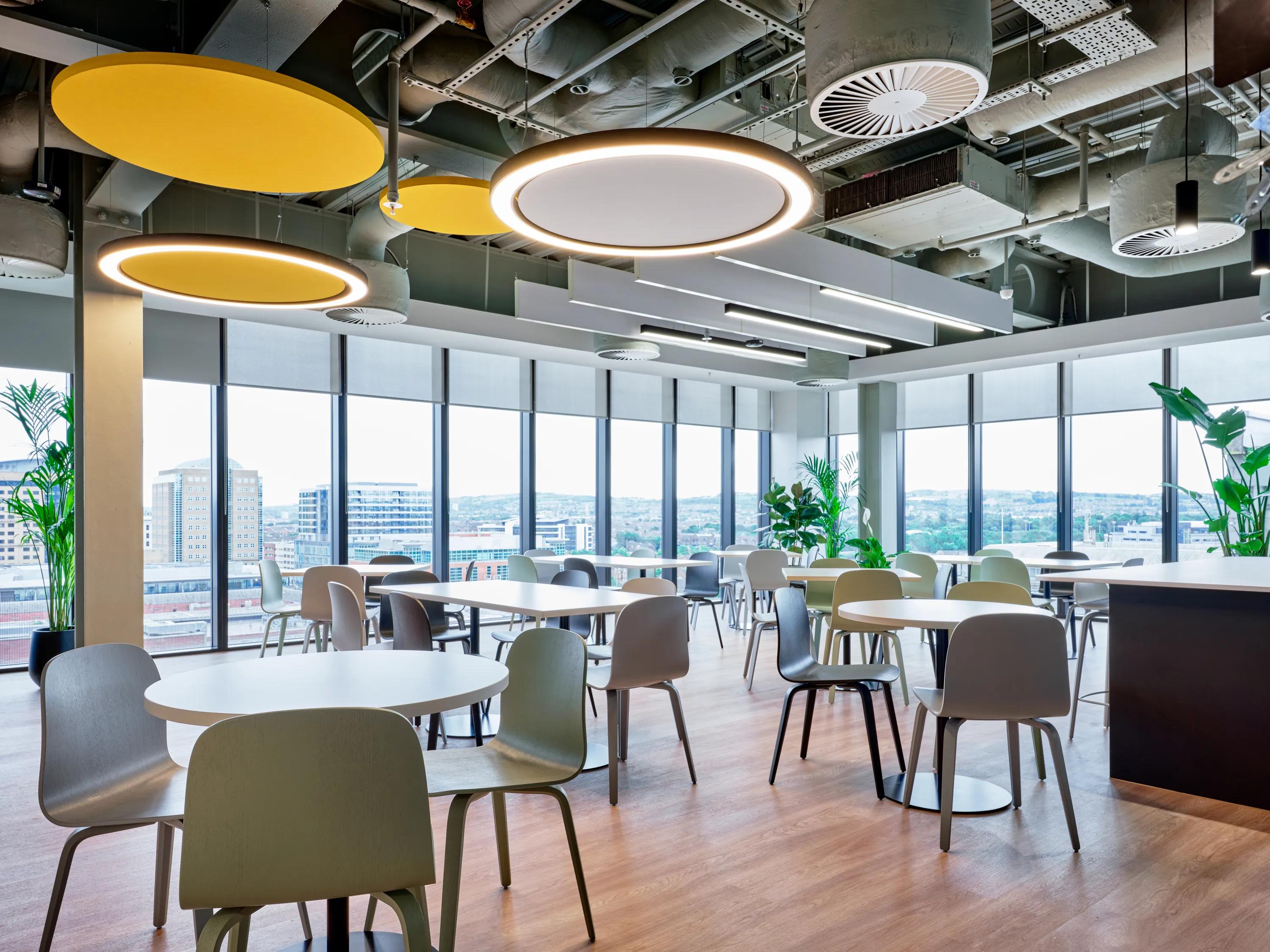 Open Plan Office in Synechron in Belfast Ireland with fire-rated Rockfon Eclipse Colour.