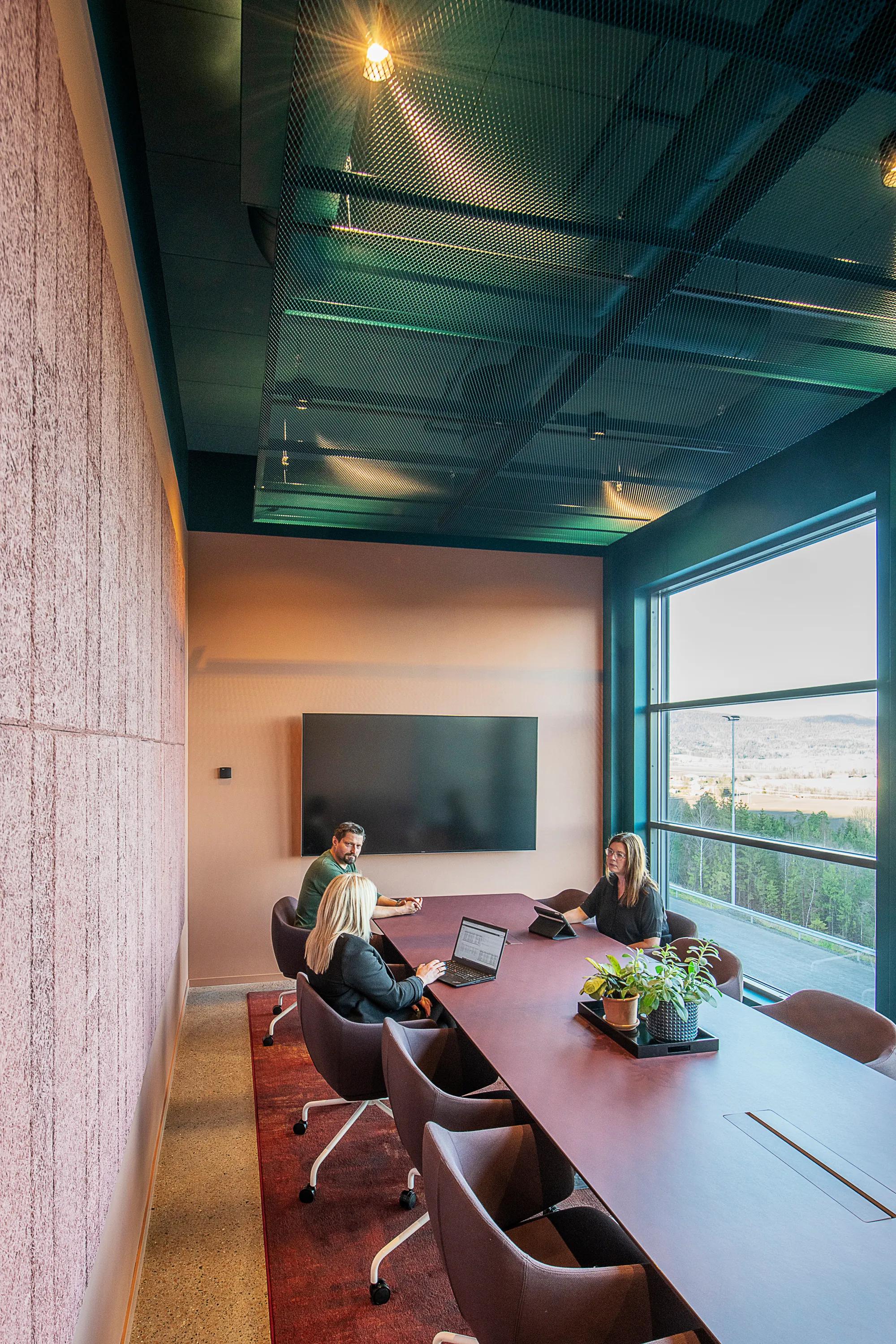 Bright meeting room with coloured acoustic ceiling panels, soft furnishings, and expansive landscape views through full-height windows