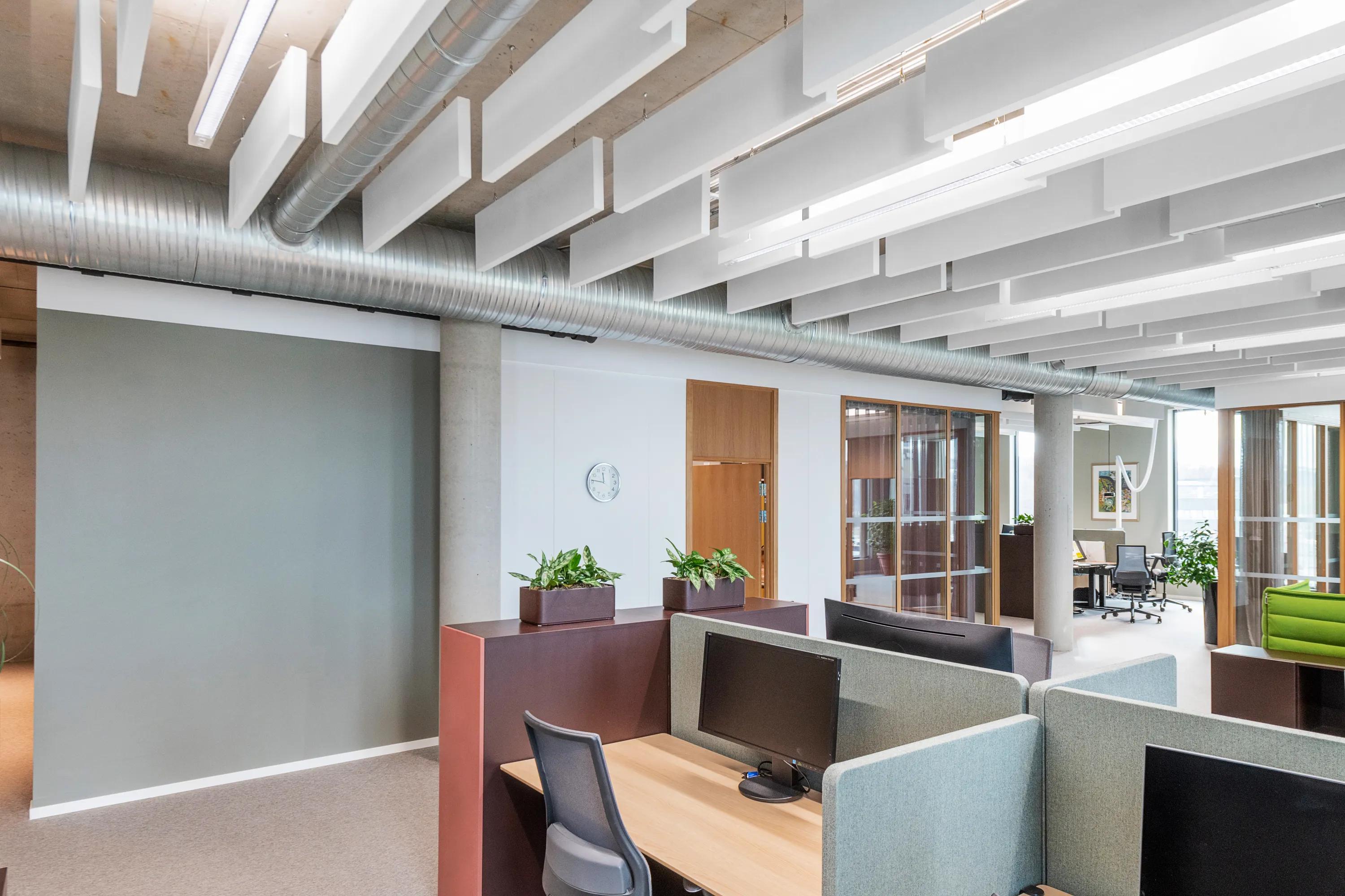 Open Plan Office in ALO in Trondheim Norway with a baffle ceiling using Rockfon Contour
