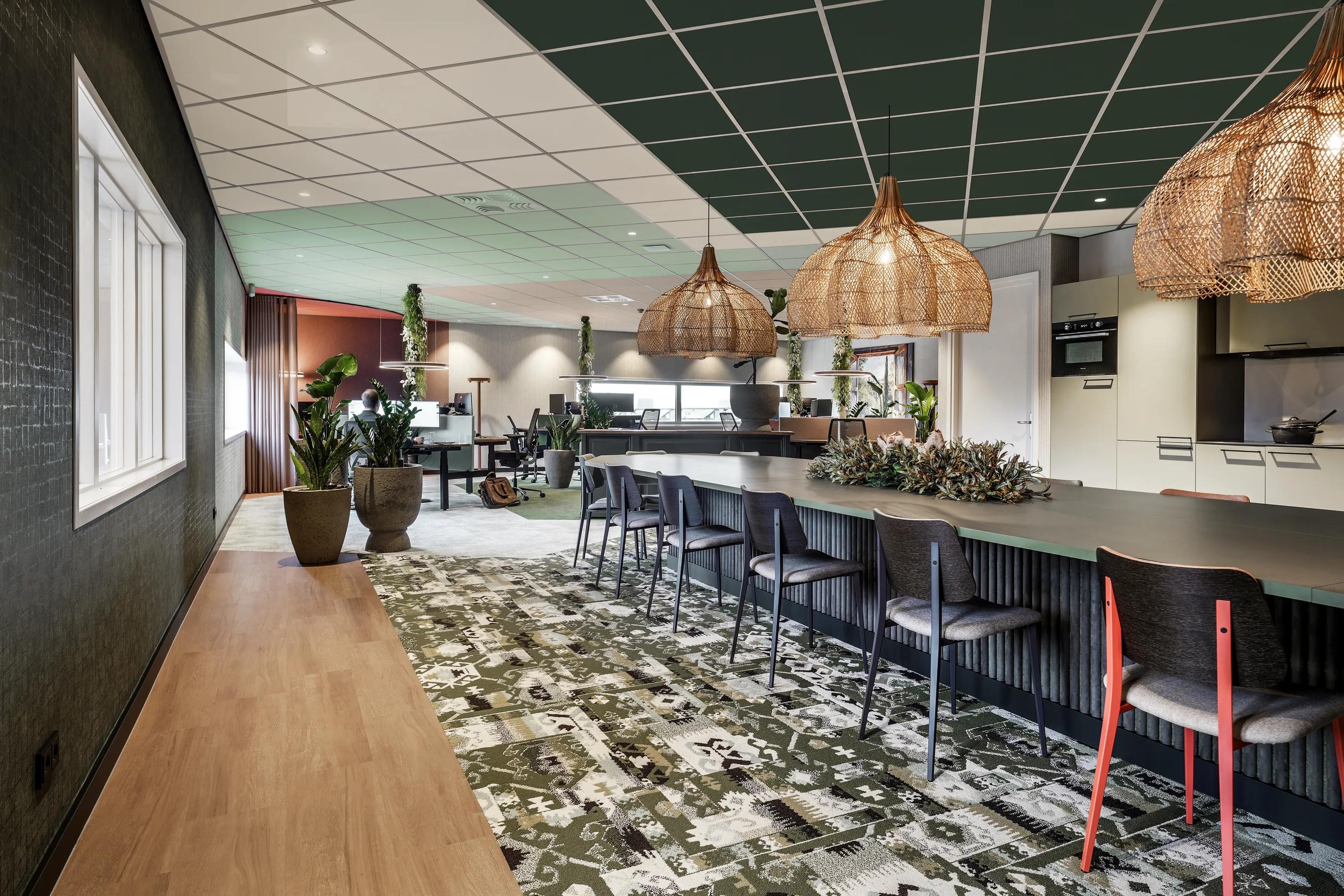 A green and white ceiling using Rockfon Color-all