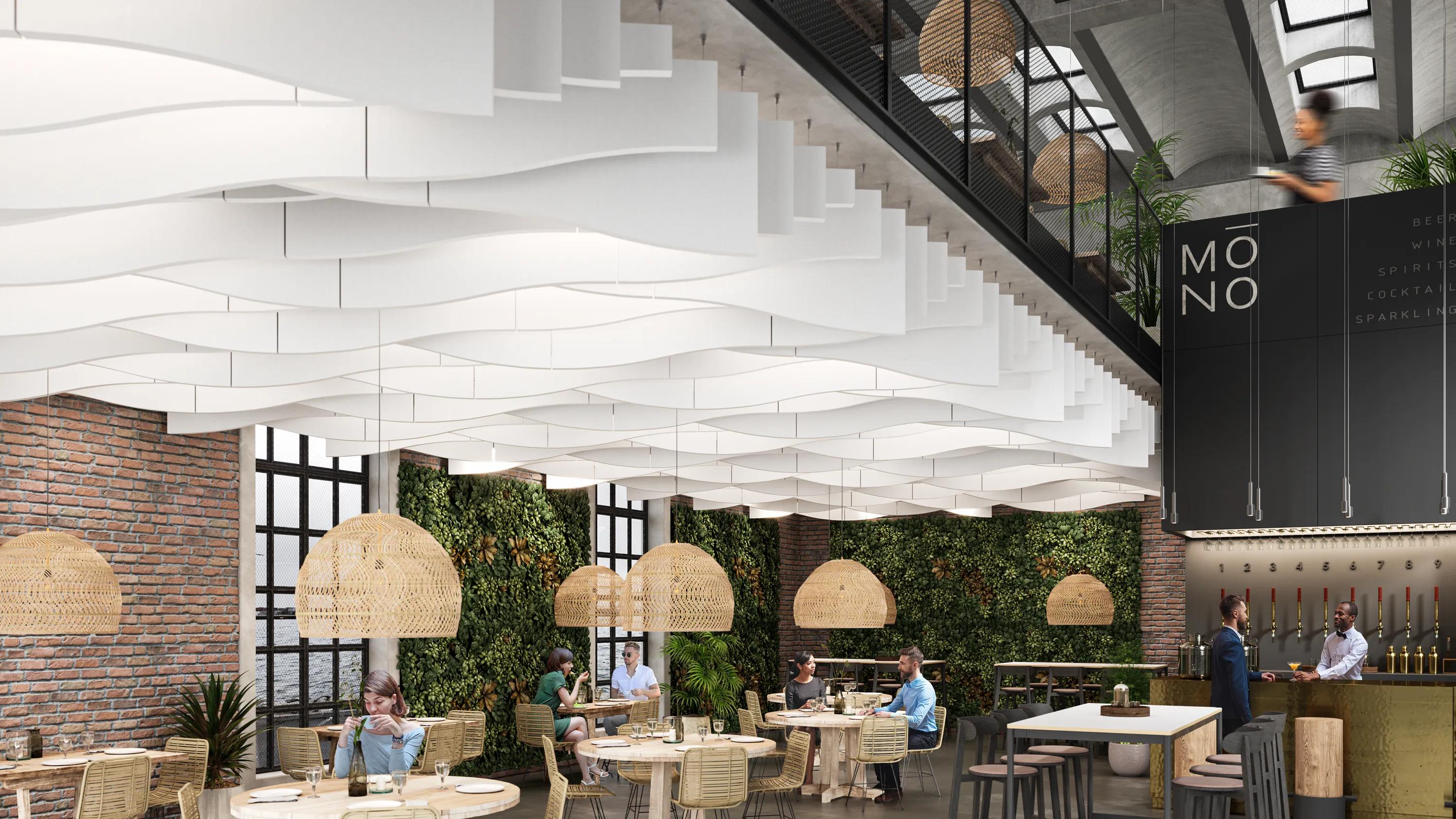 A decorative ceiling with Rockfon Contour ceiling baffles in the Wave shape