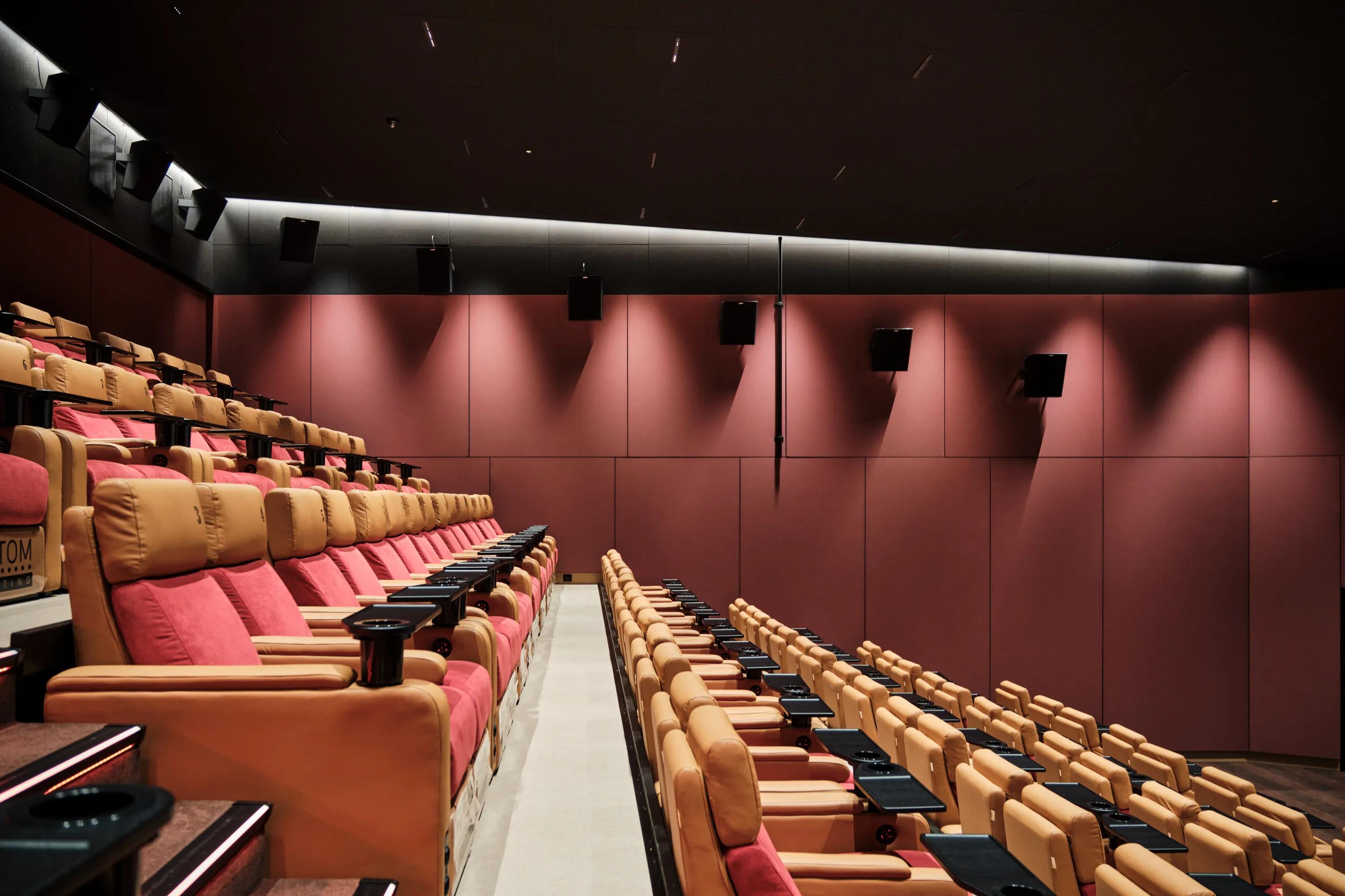 Cinema acoustics optimised with ceiling and wall sound-absorbing solutions.