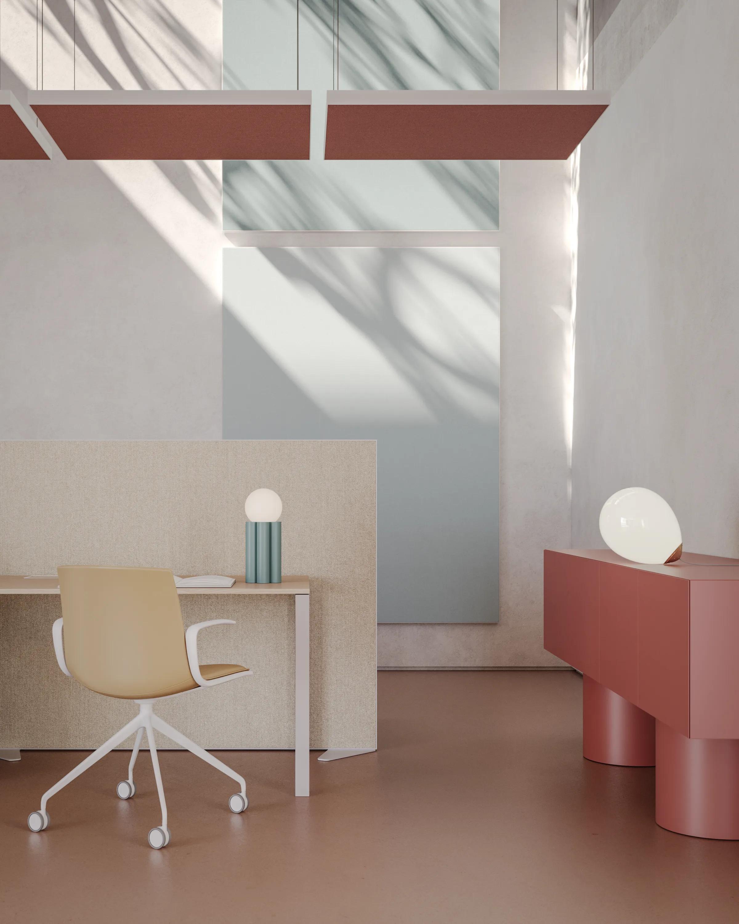 Detail view of Rockfon acoustic wall panels, floor screens, and hanging divider