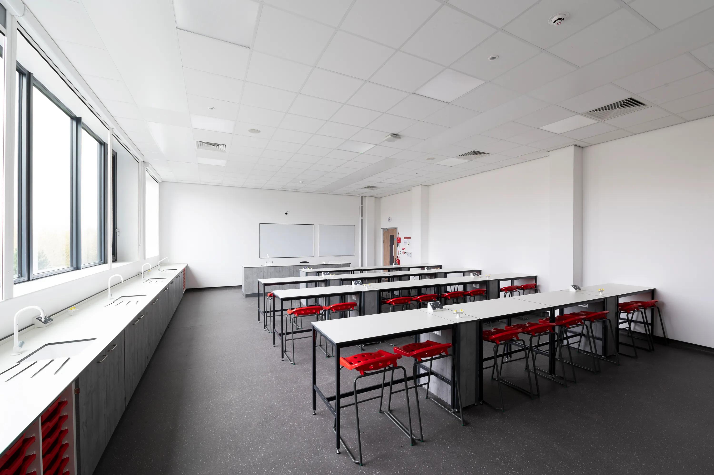 classroom with white acoustic ceiling tiles