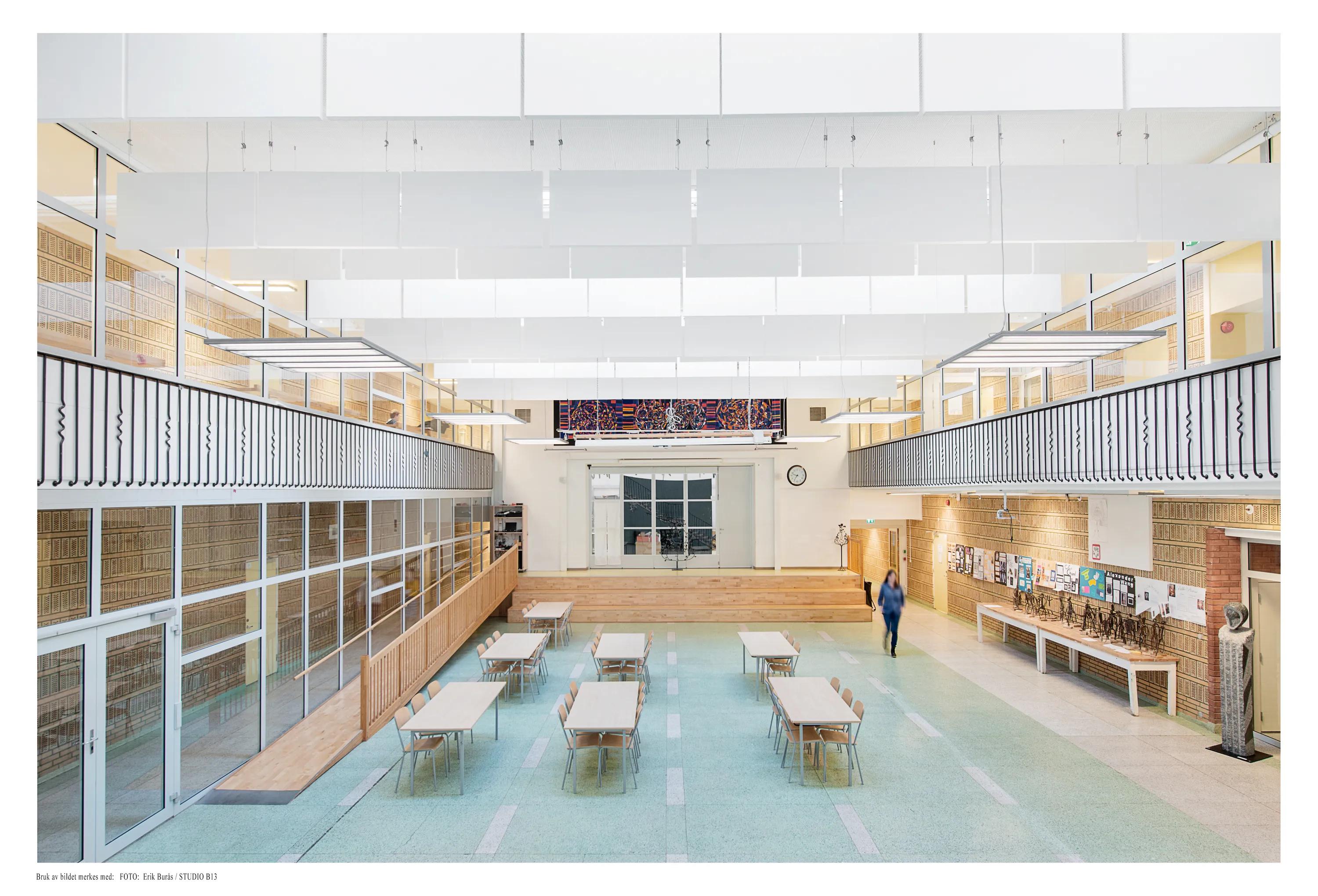 Rockfon white acoustic baffle ceiling at Heistad Middle School