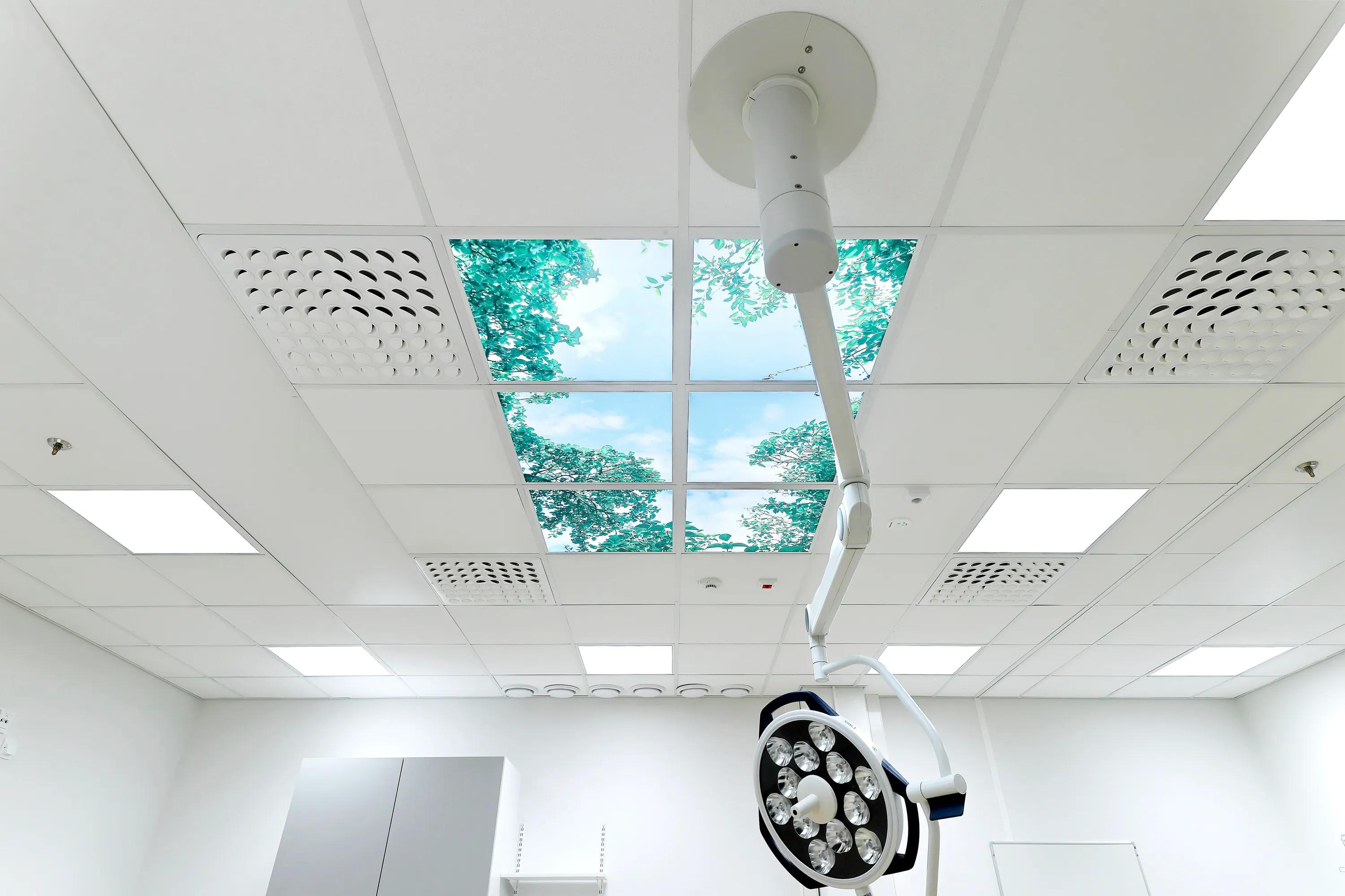A hospital hygienic skyscape ceiling with integrated LED ceiling panels of the sky.