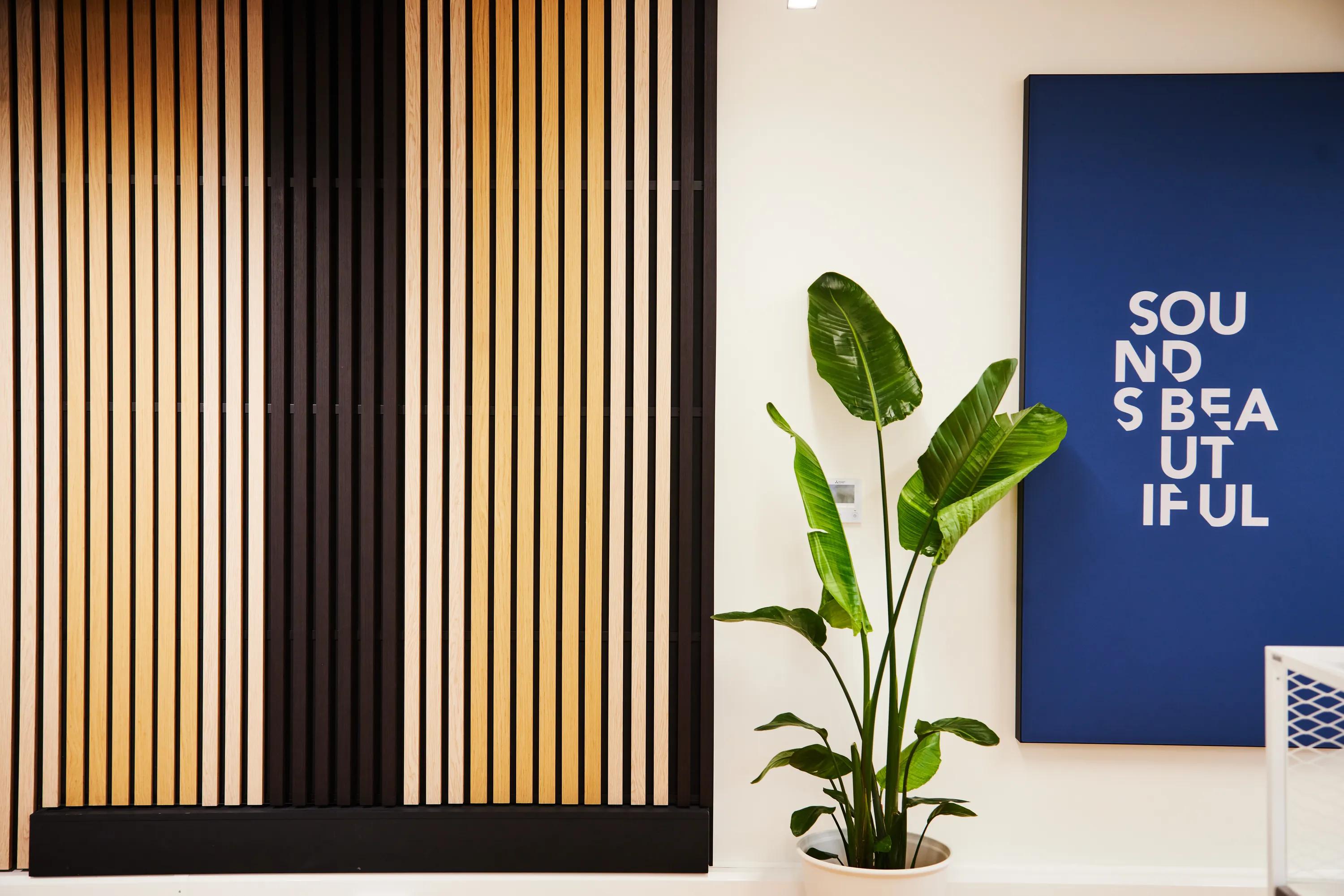 Detail view of Rockfon acoustic wall panels, floor screens, and hanging divider