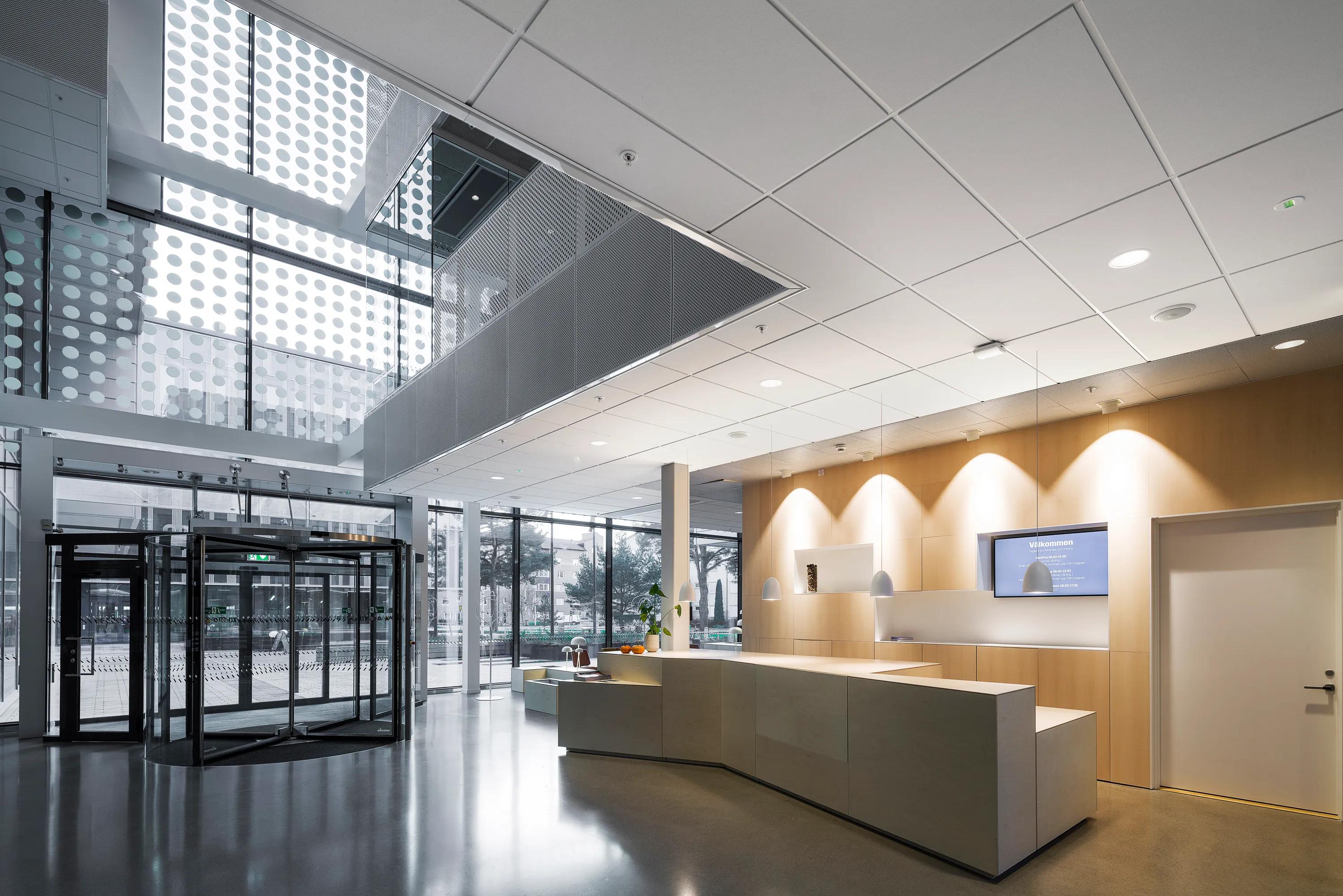 Bright reception area with a suspended acoustic ceiling grid, large glass entrance, wood-panelled front desk, and modern pendant lighting