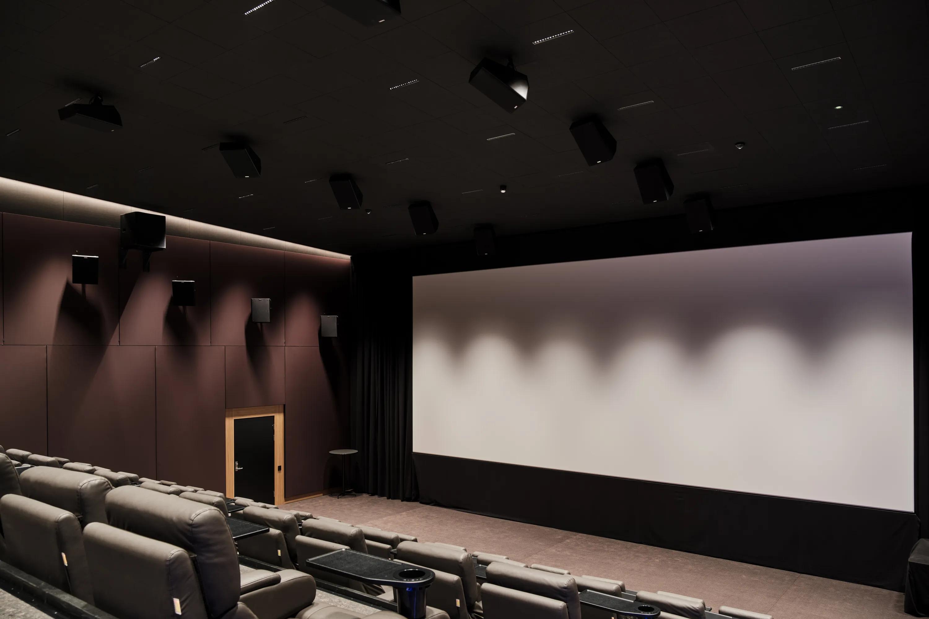 Cinema auditorium with rows of seats facing a large projection screen beneath a dark acoustic ceiling.
