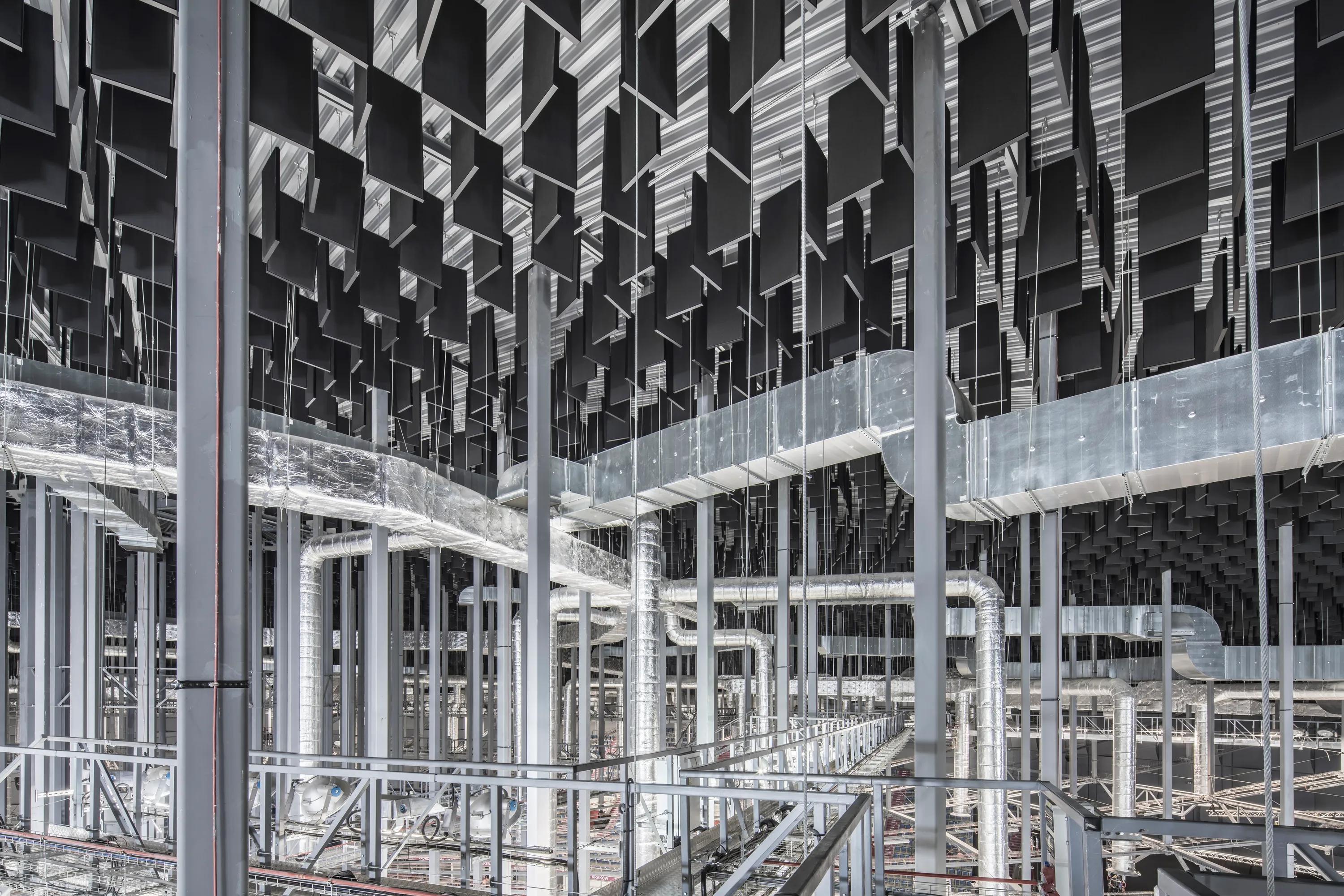 Black baffle ceiling at TAURON Arena Kraków,Poland,Cracow,PERBO–PROJEKT,mgr inz. arch. Piotr Labowicz,mgr inz. arch. Marcin Kulpa,Agencja Rozwoju Miasta S.A.,QUADRUM S.A.,ROCKFON Fibral Multiflex Baffle,600x1200,black