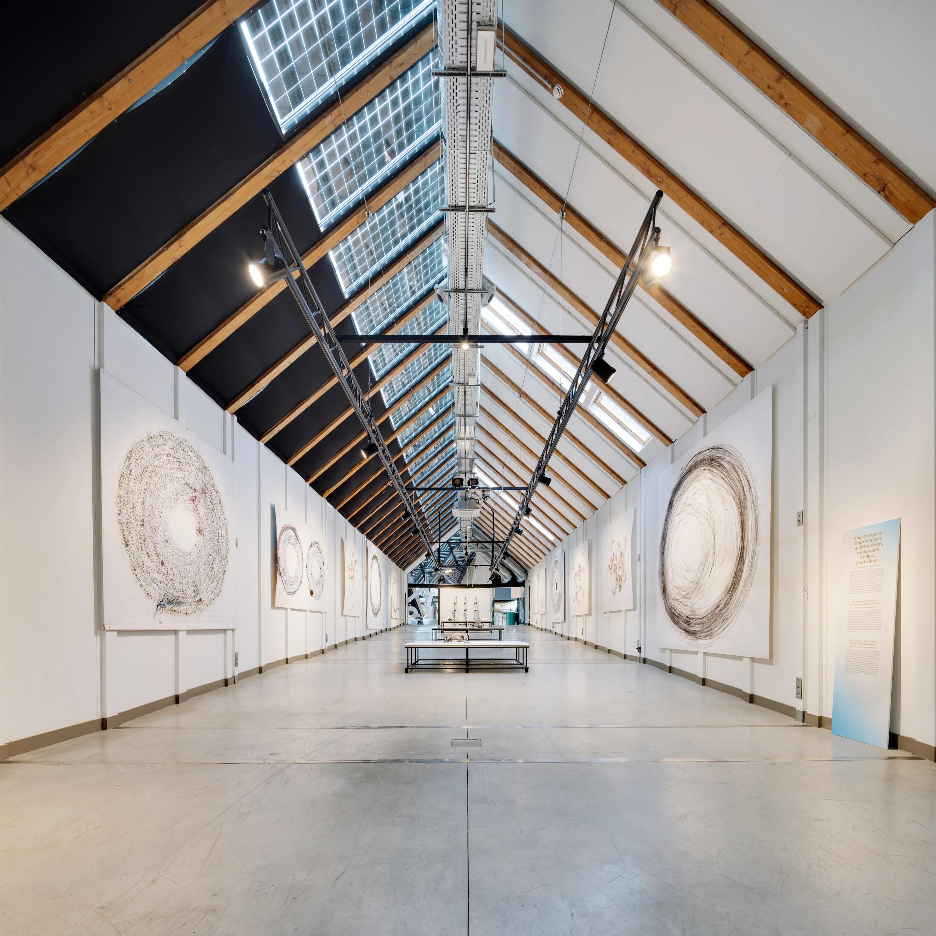 Art gallery interior with a high pitched roof, timber beams, large skylights, suspended lighting tracks, and artworks displayed along white walls around a central exhibition space.
