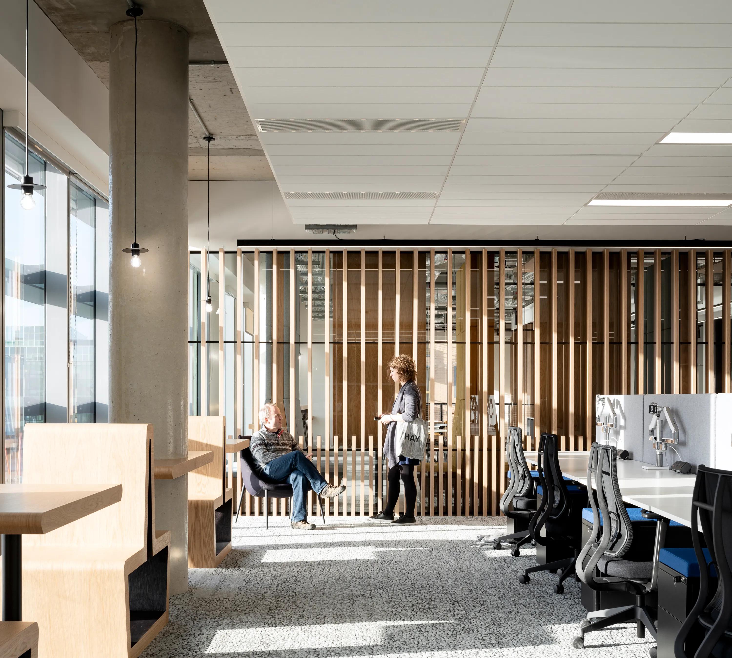 Office workspace with desks, seating areas, and a white acoustic ceiling system with integrated lighting above the interior.