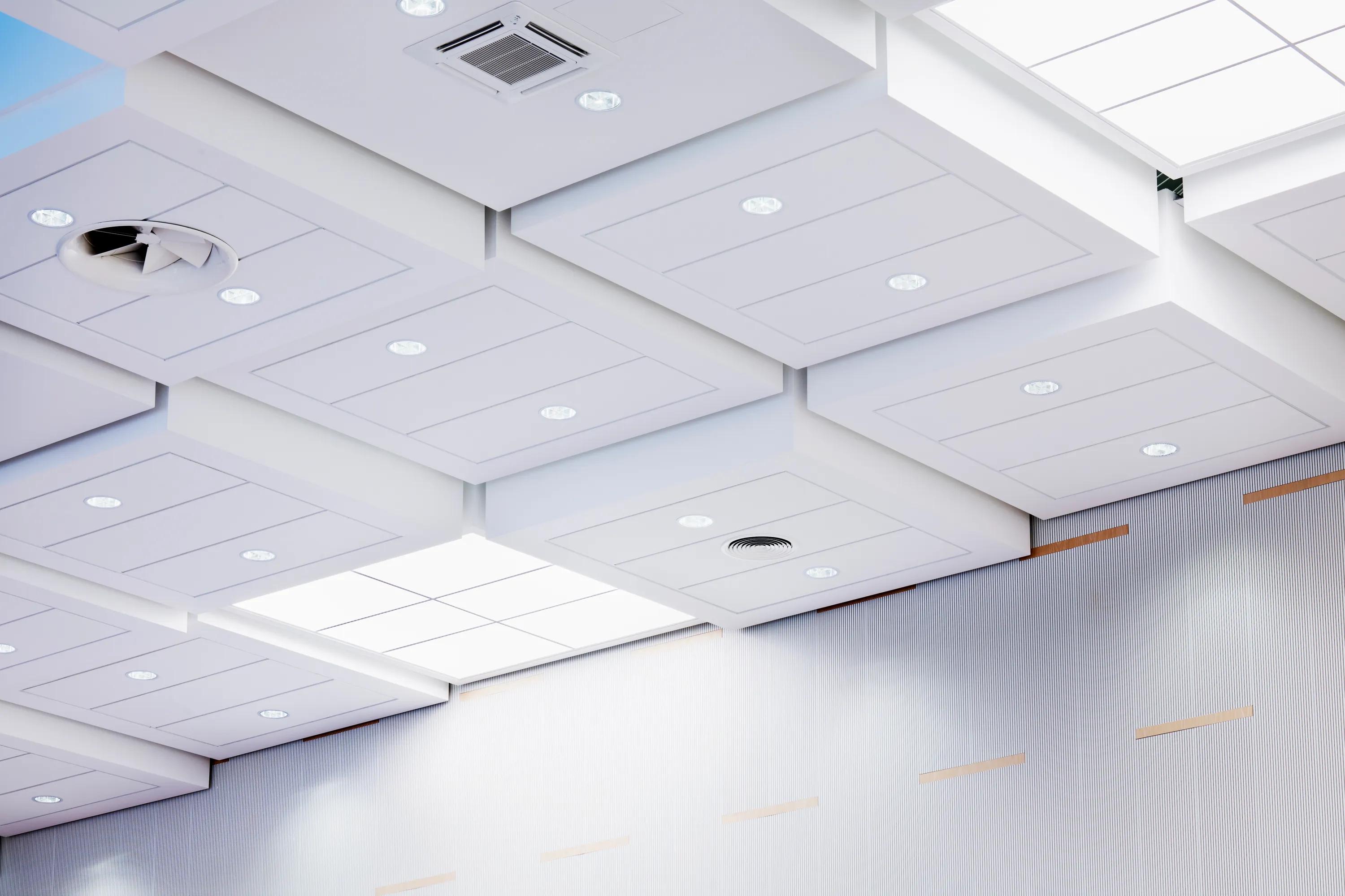 Futuristic multi-level LEGO 3D cube ceiling with ceiling tiles.
